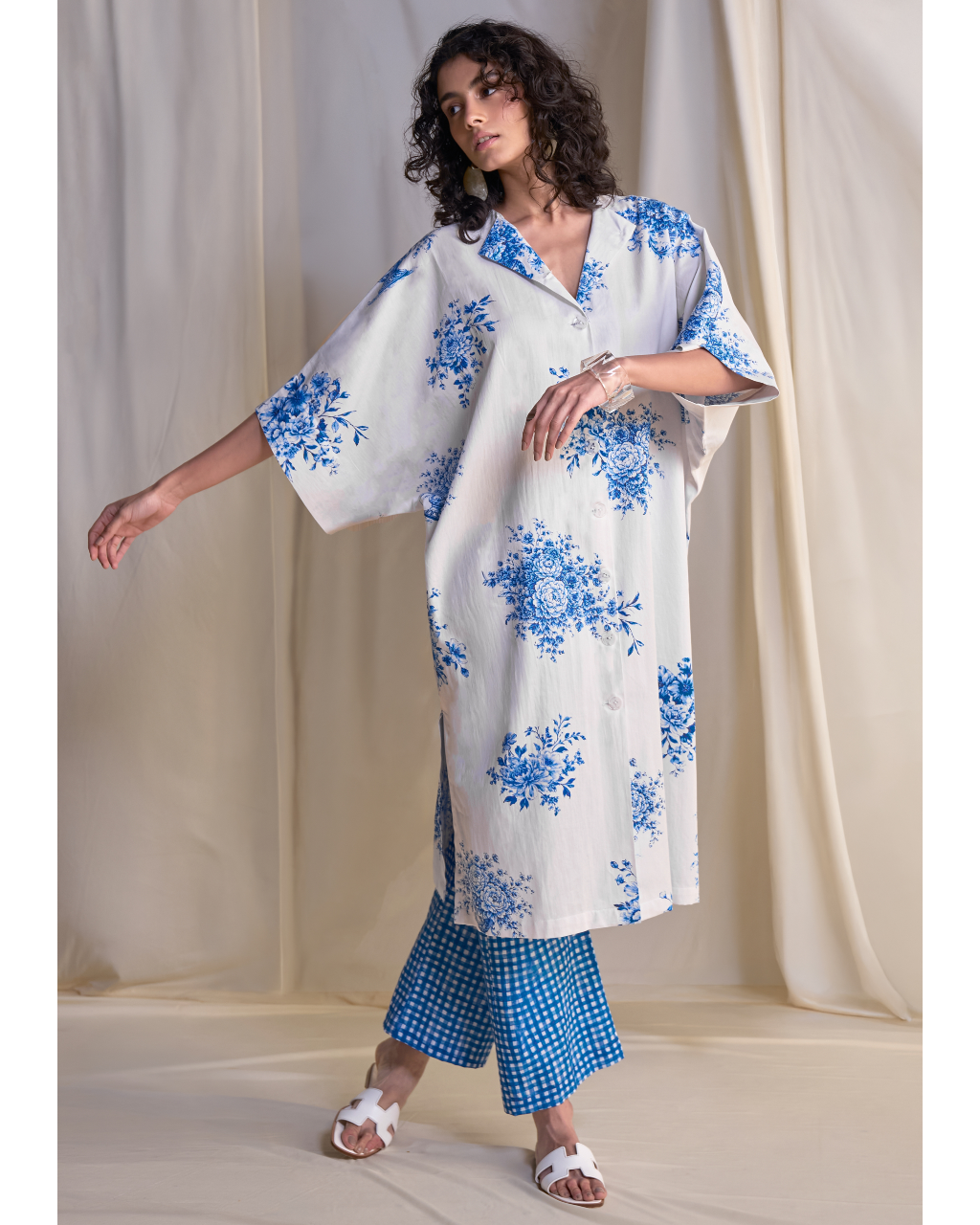 Linen Porcelain Print Motif Shirt & Madras Check Print Pant Set