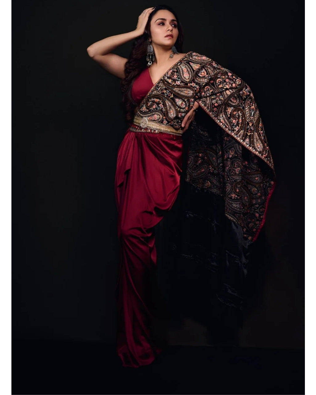 Red Jamawaar Draped Sari Set