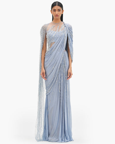 The Comet Blue Cosmic Cape Sleeves Sari Gown