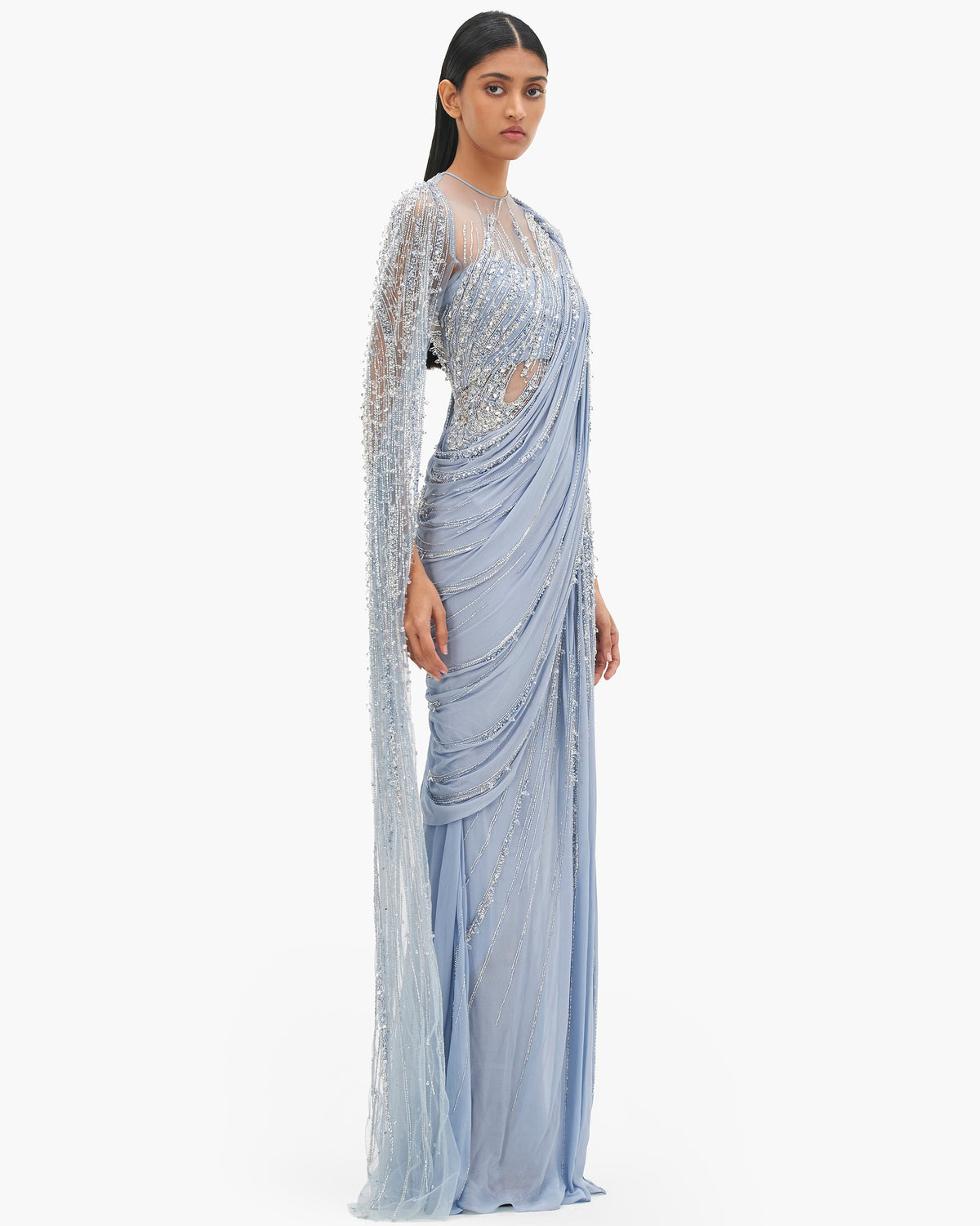 The Comet Blue Cosmic Cape Sleeves Sari Gown