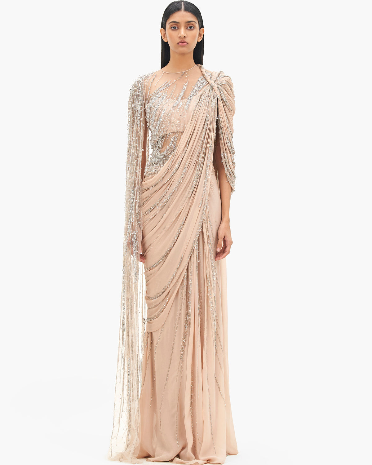 The Haze Champagne Cosmic Cape Sleeves Sari Gown