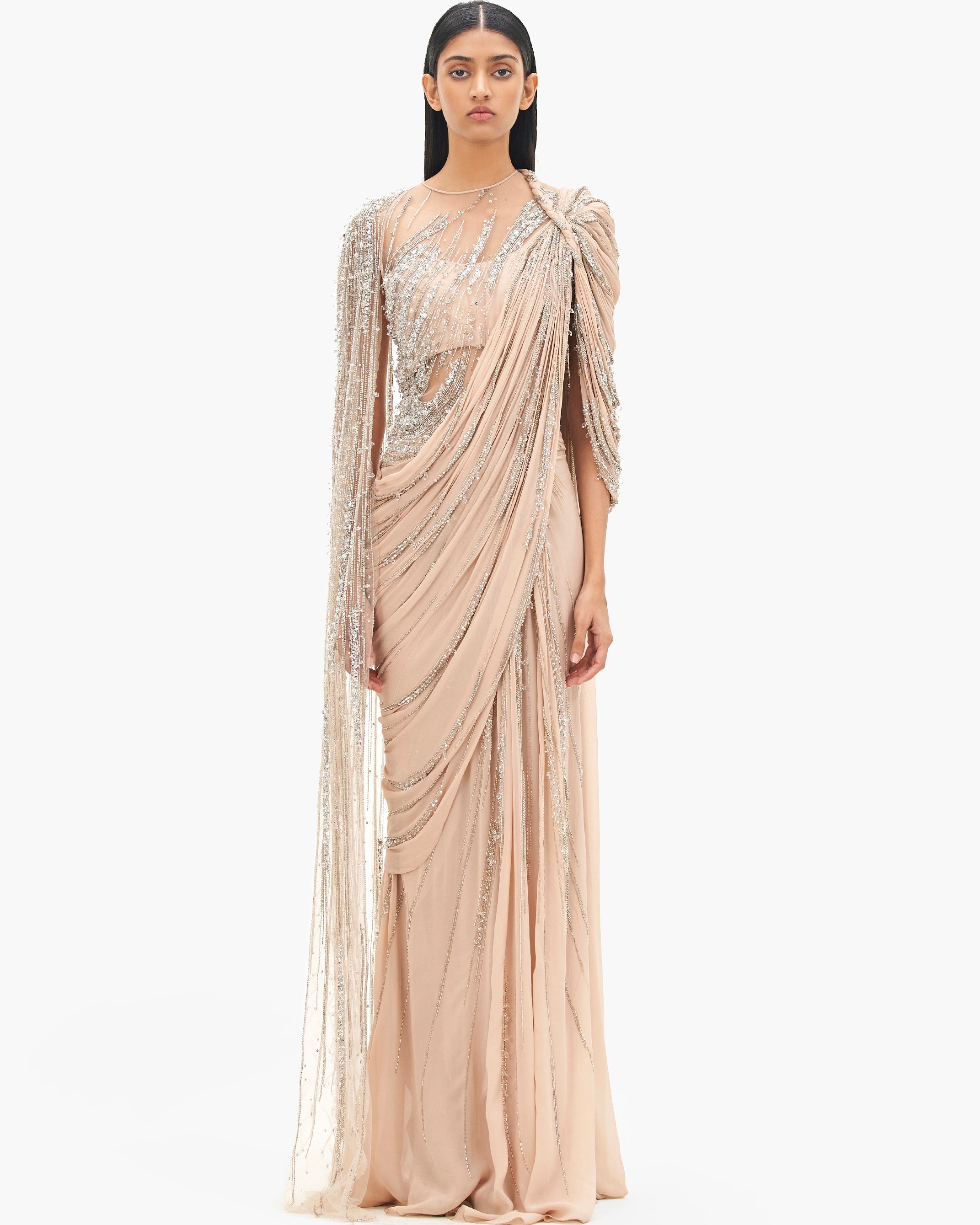 The Haze Champagne Cosmic Cape Sleeves Sari Gown