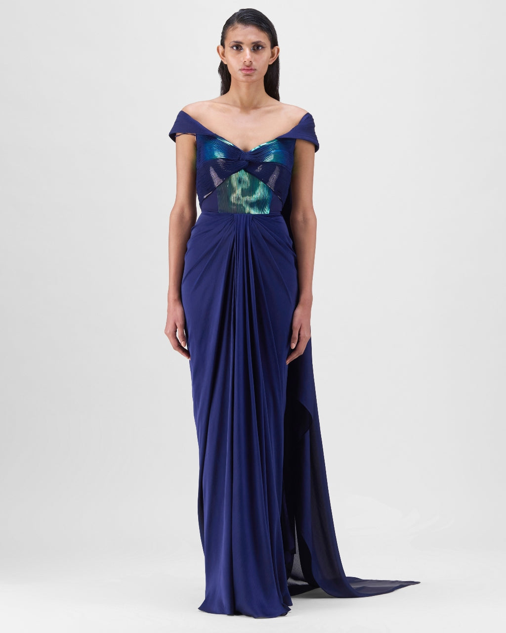 Ink Blue Metallic Micro Pleated Structured Gown