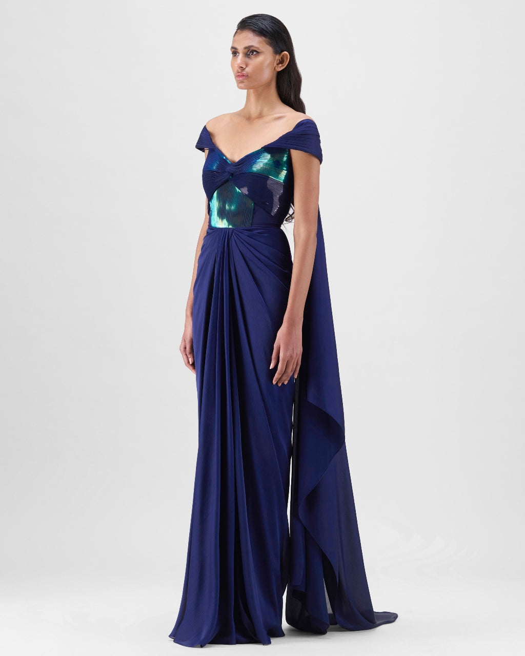 Ink Blue Metallic Micro Pleated Structured Gown