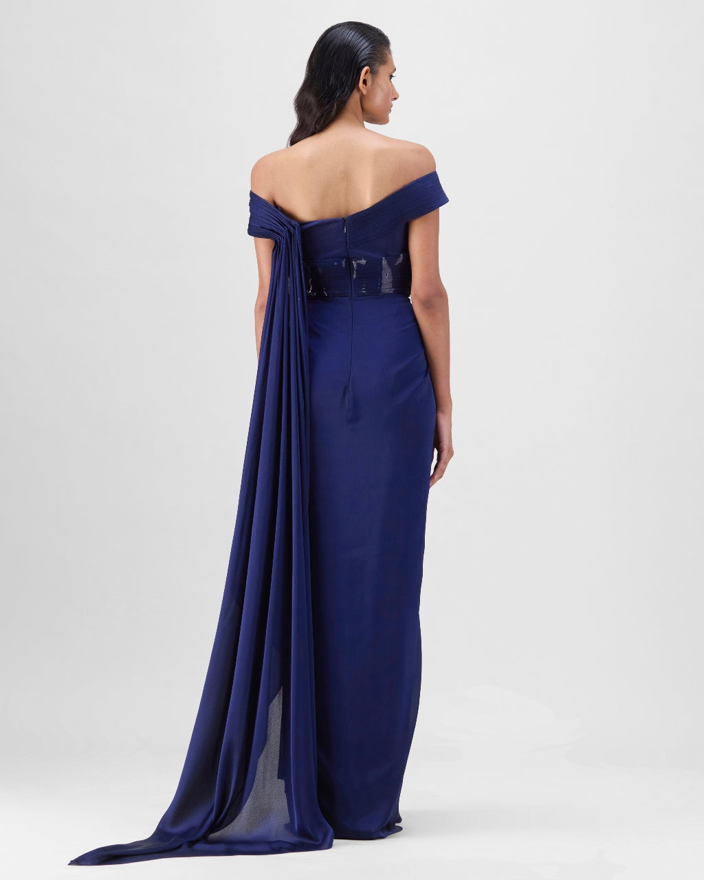 Ink Blue Metallic Micro Pleated Structured Gown