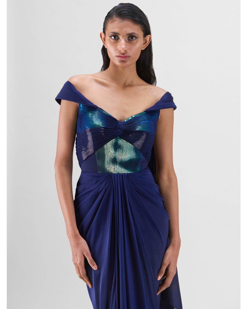 Ink Blue Metallic Micro Pleated Structured Gown