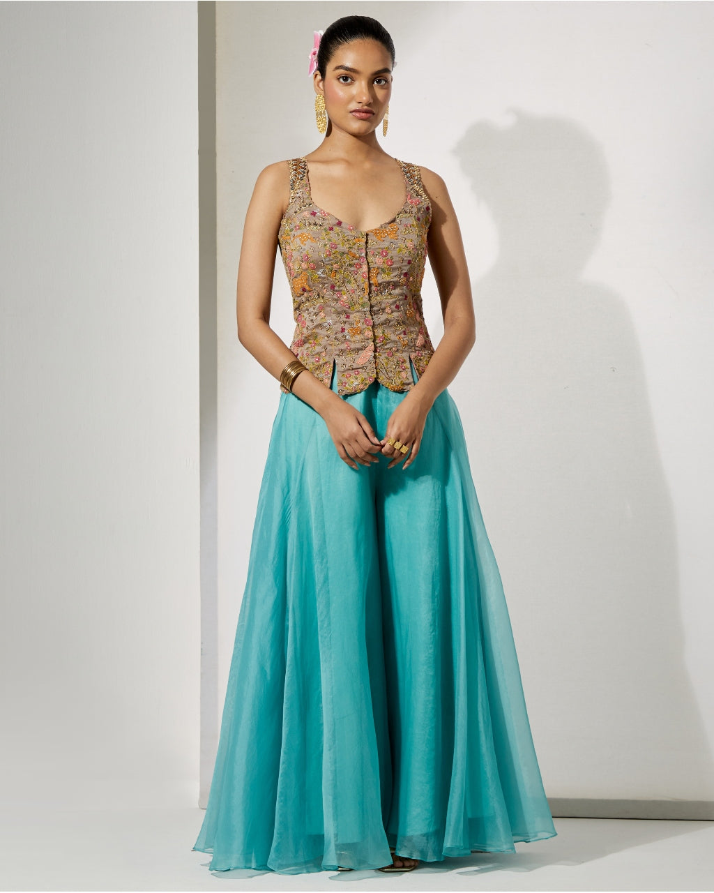 Grey Embroidered Corset & Sky Blue Organza Skirt Set