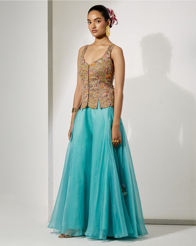 Grey Embroidered Corset & Sky Blue Organza Skirt Set
