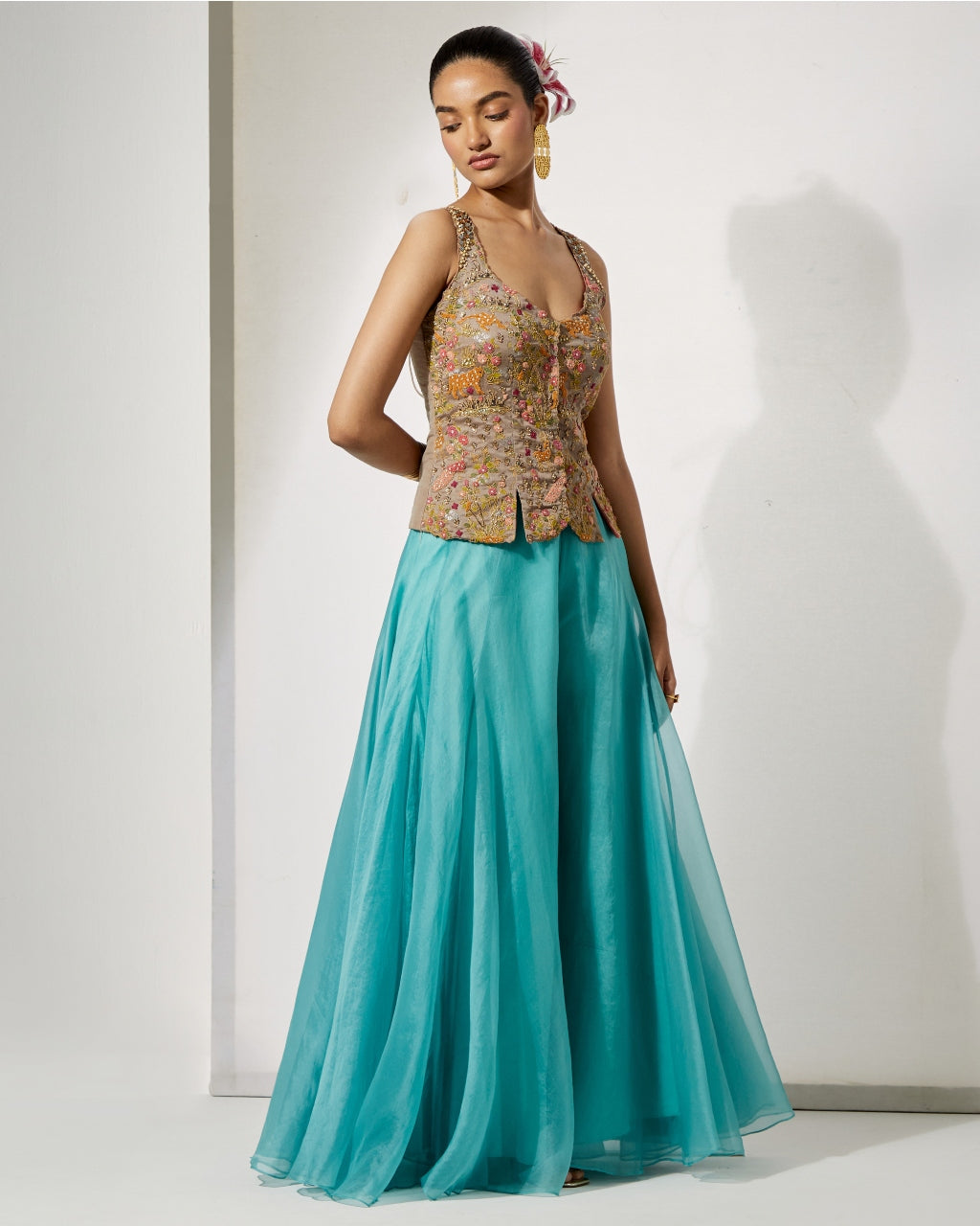 Grey Embroidered Corset & Sky Blue Organza Skirt Set