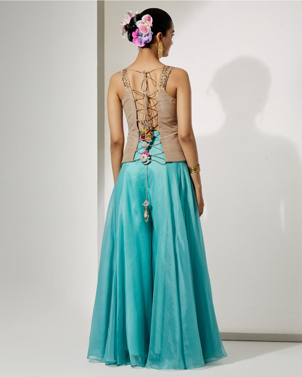 Grey Embroidered Corset & Sky Blue Organza Skirt Set