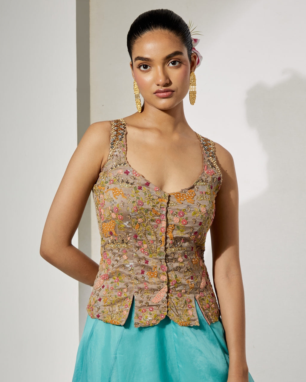 Grey Embroidered Corset & Sky Blue Organza Skirt Set