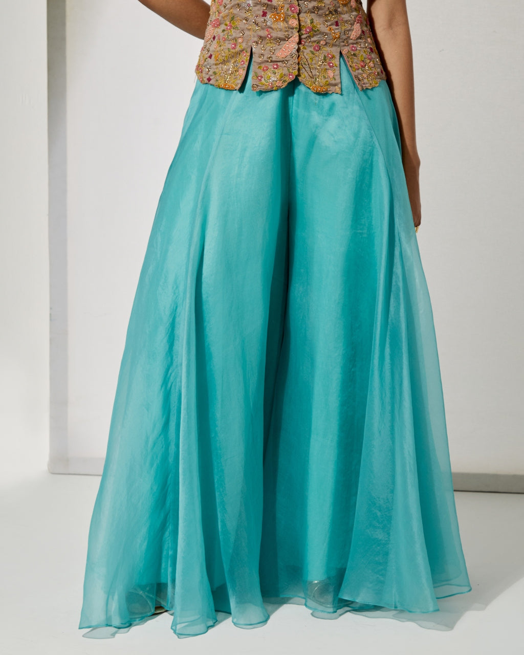 Grey Embroidered Corset & Sky Blue Organza Skirt Set