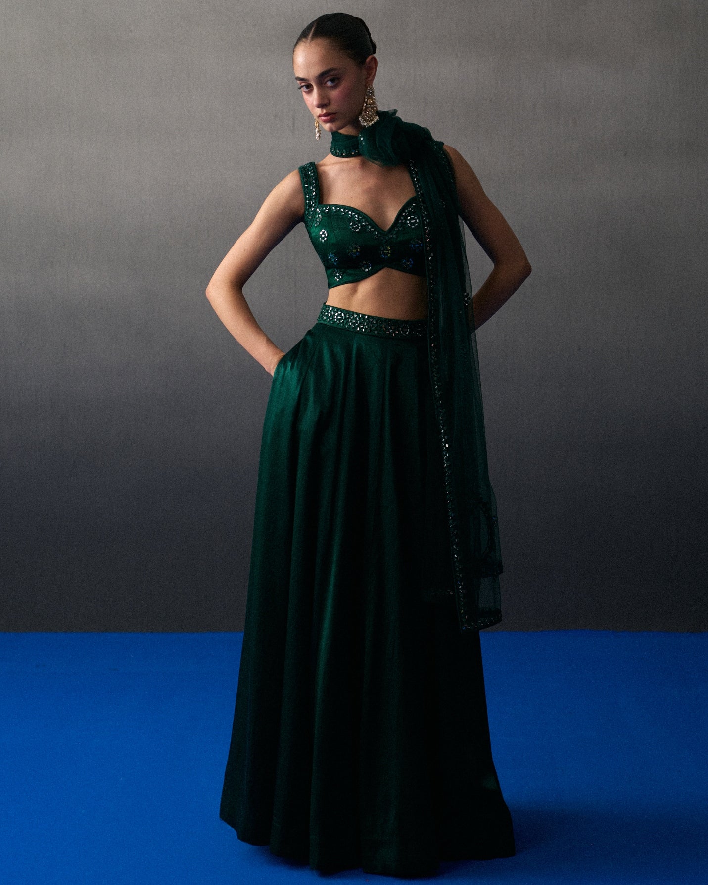 Emerald Green Satin Skirt Set