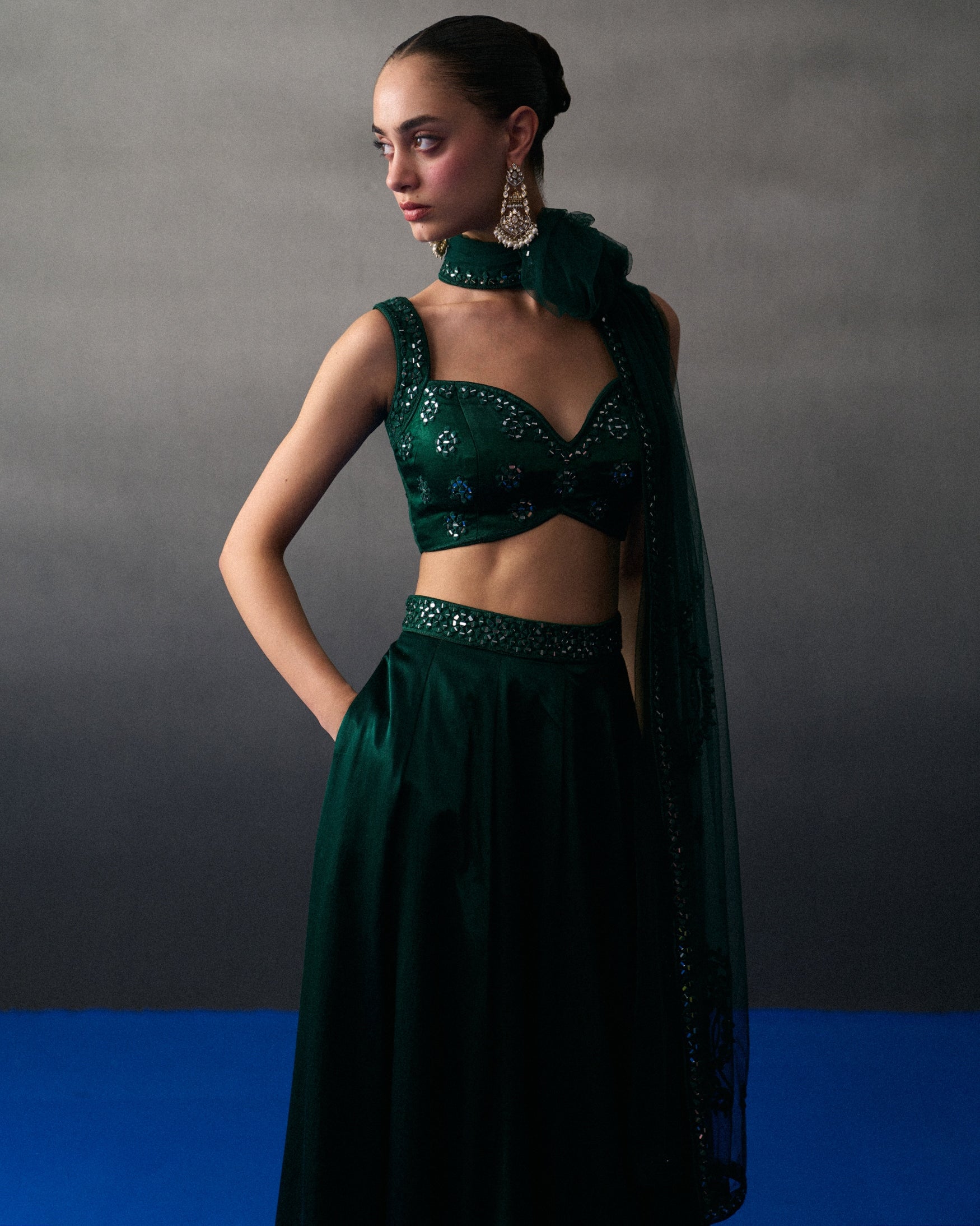 Emerald Green Satin Skirt Set