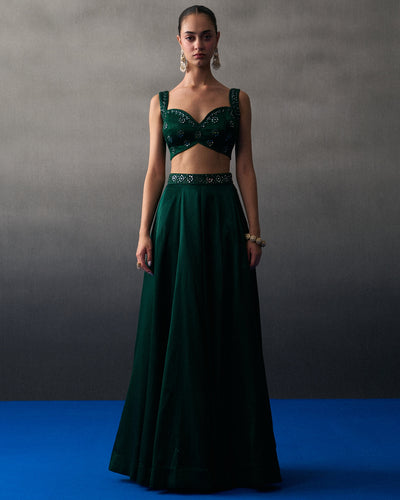 Emerald Green Satin Skirt Set
