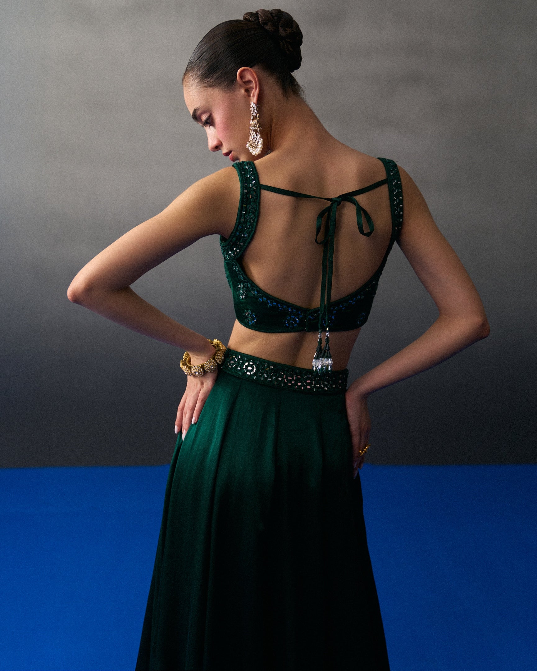 Emerald Green Satin Skirt Set