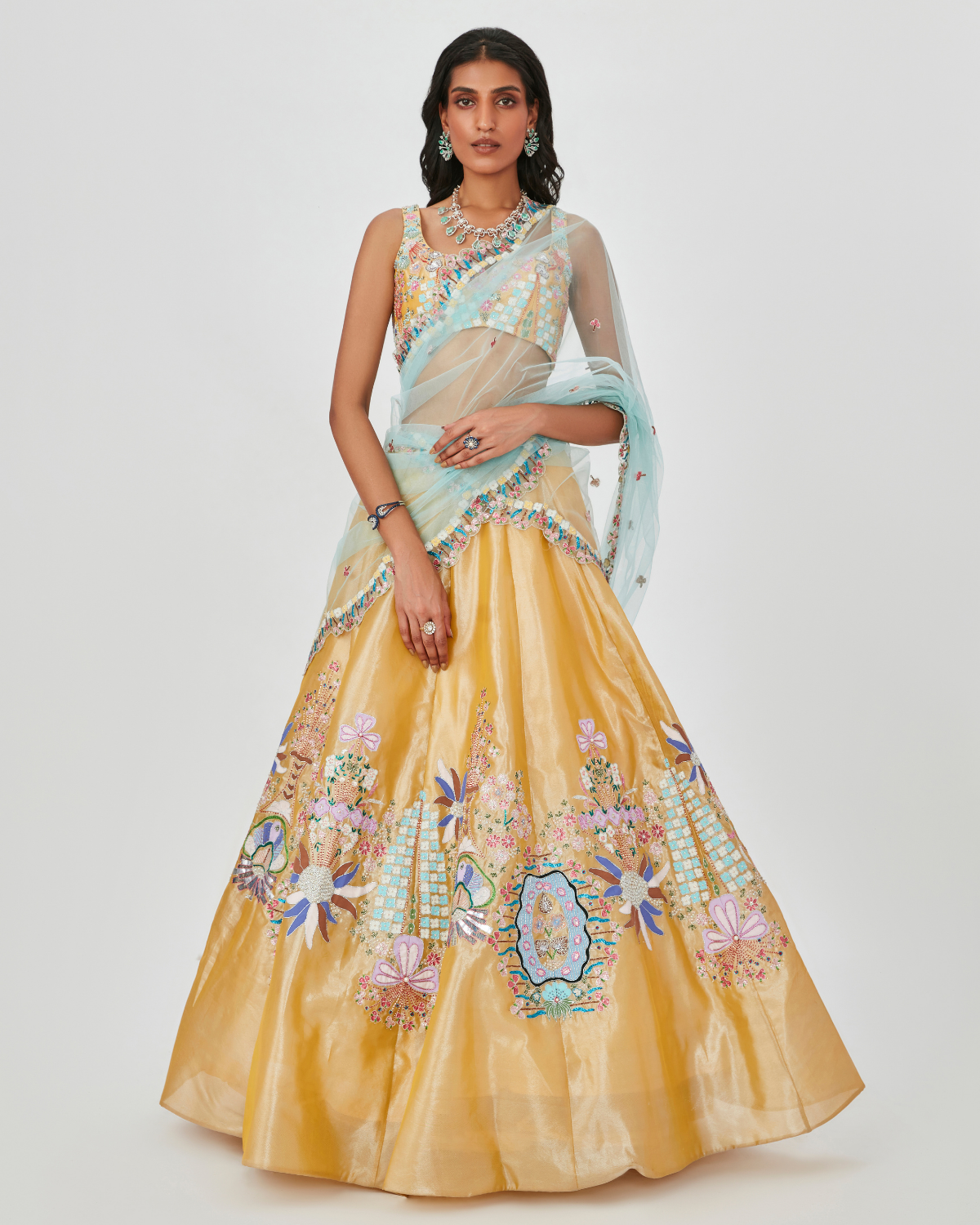 Yellow Tissue Embellished Lehenga Set | Aisha Rao