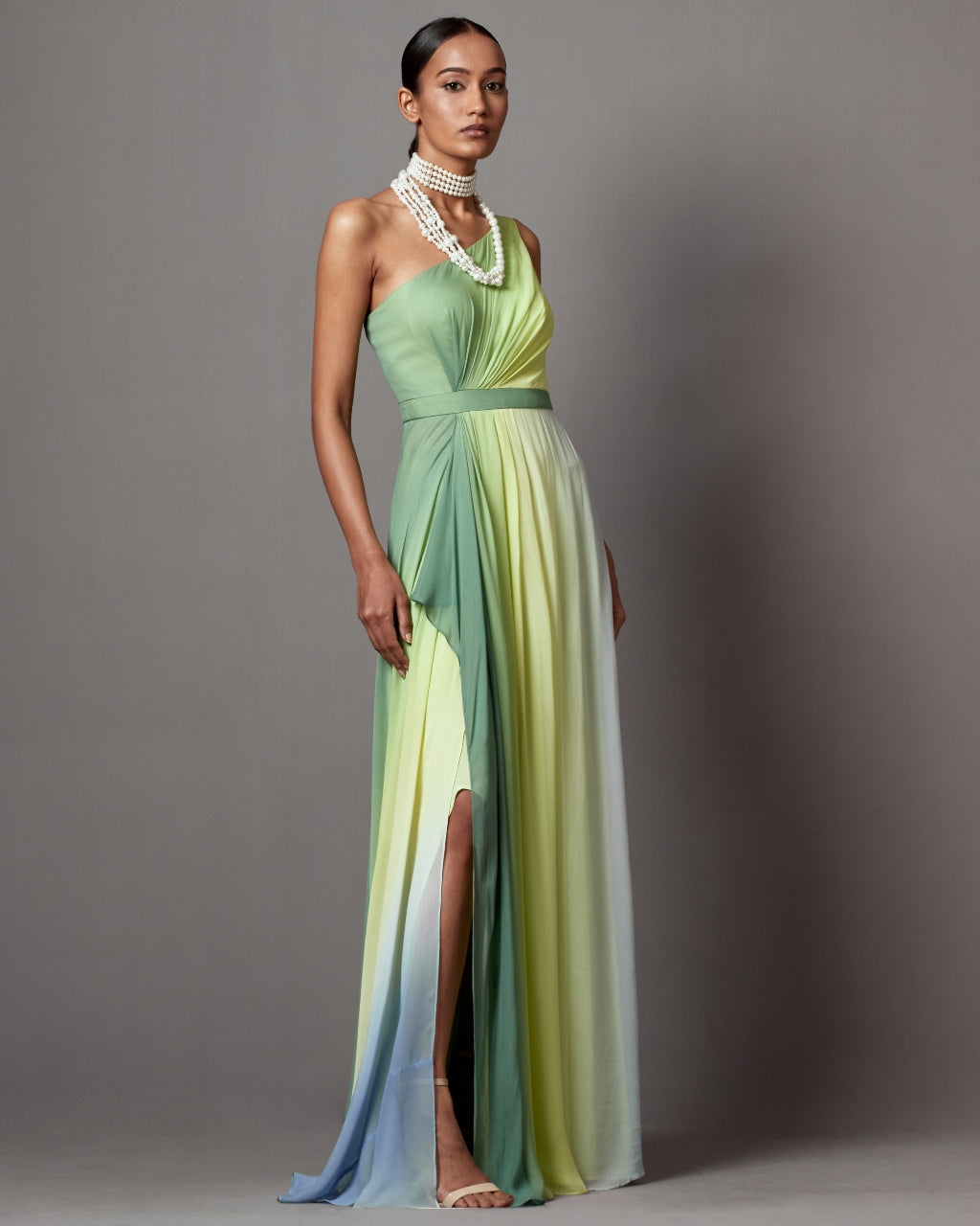 Lime Ombre Dusk One Shoulder Gown Set