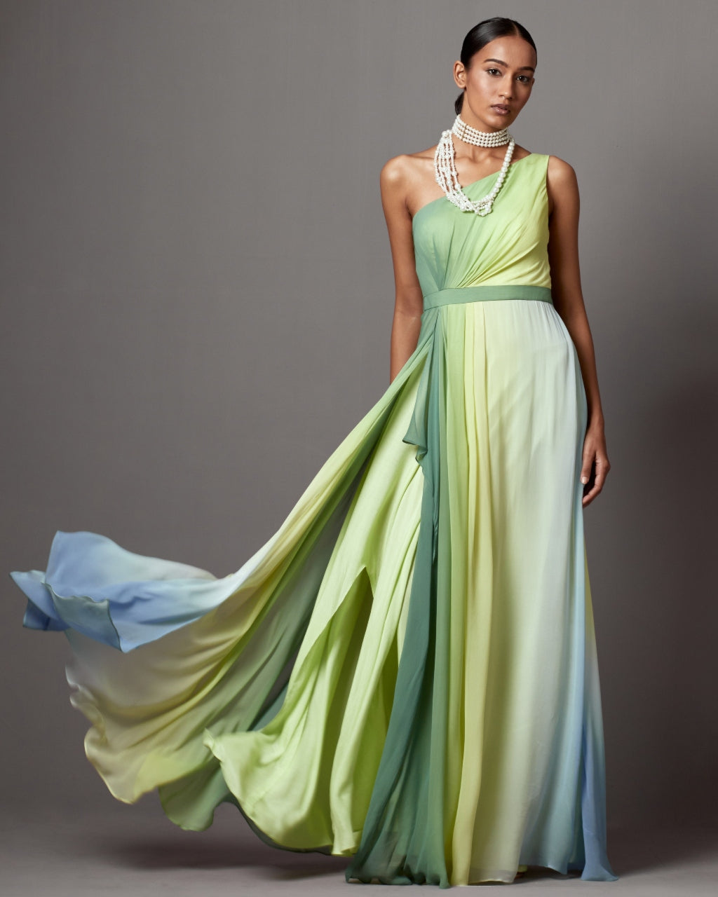 Lime Ombre Dusk One Shoulder Gown Set