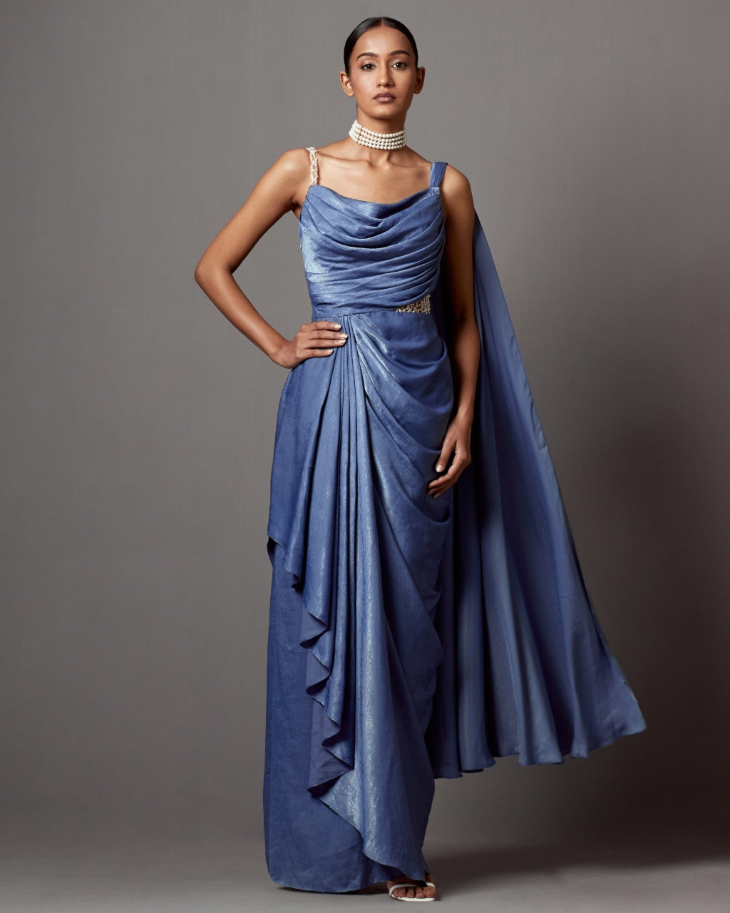 Dust Blue Dust Drape Gown Sari Set