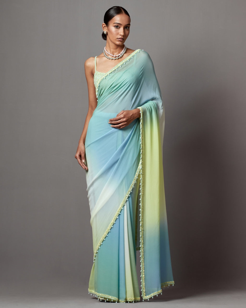 Lime Ombre  Blue Green Sari Set