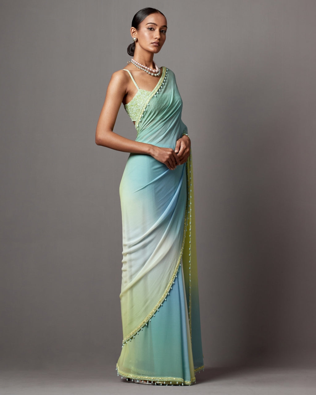 Lime Ombre  Blue Green Sari Set