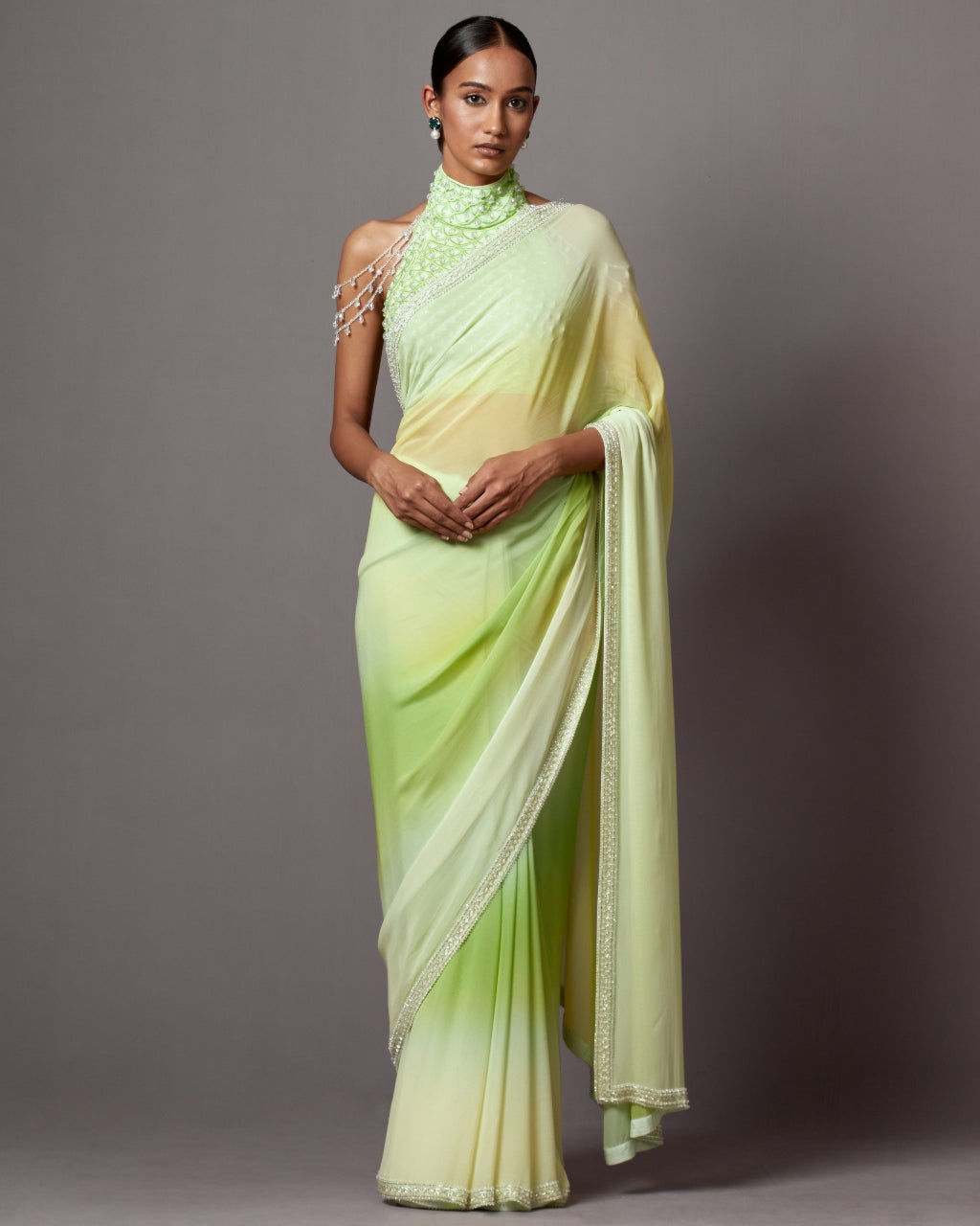 Lime Yellow Ombre  Green Sari Set