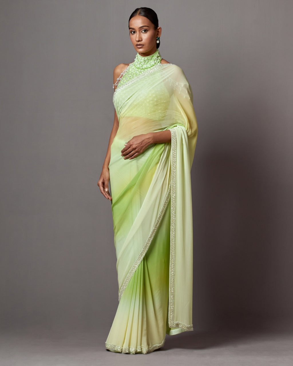 Lime Yellow Ombre  Green Sari Set