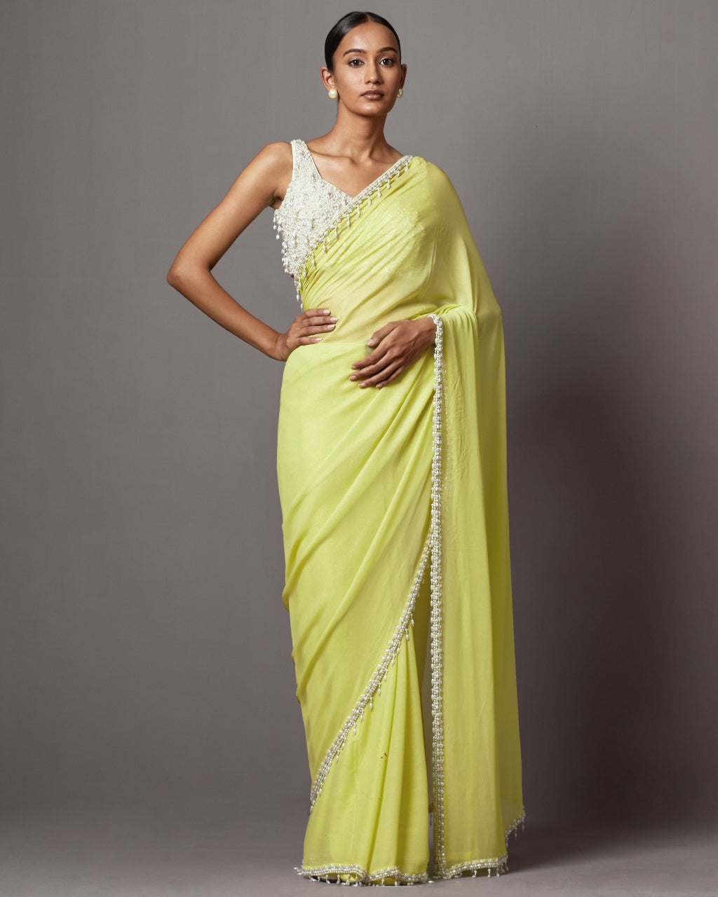 Lime Feather Cape Sari Set