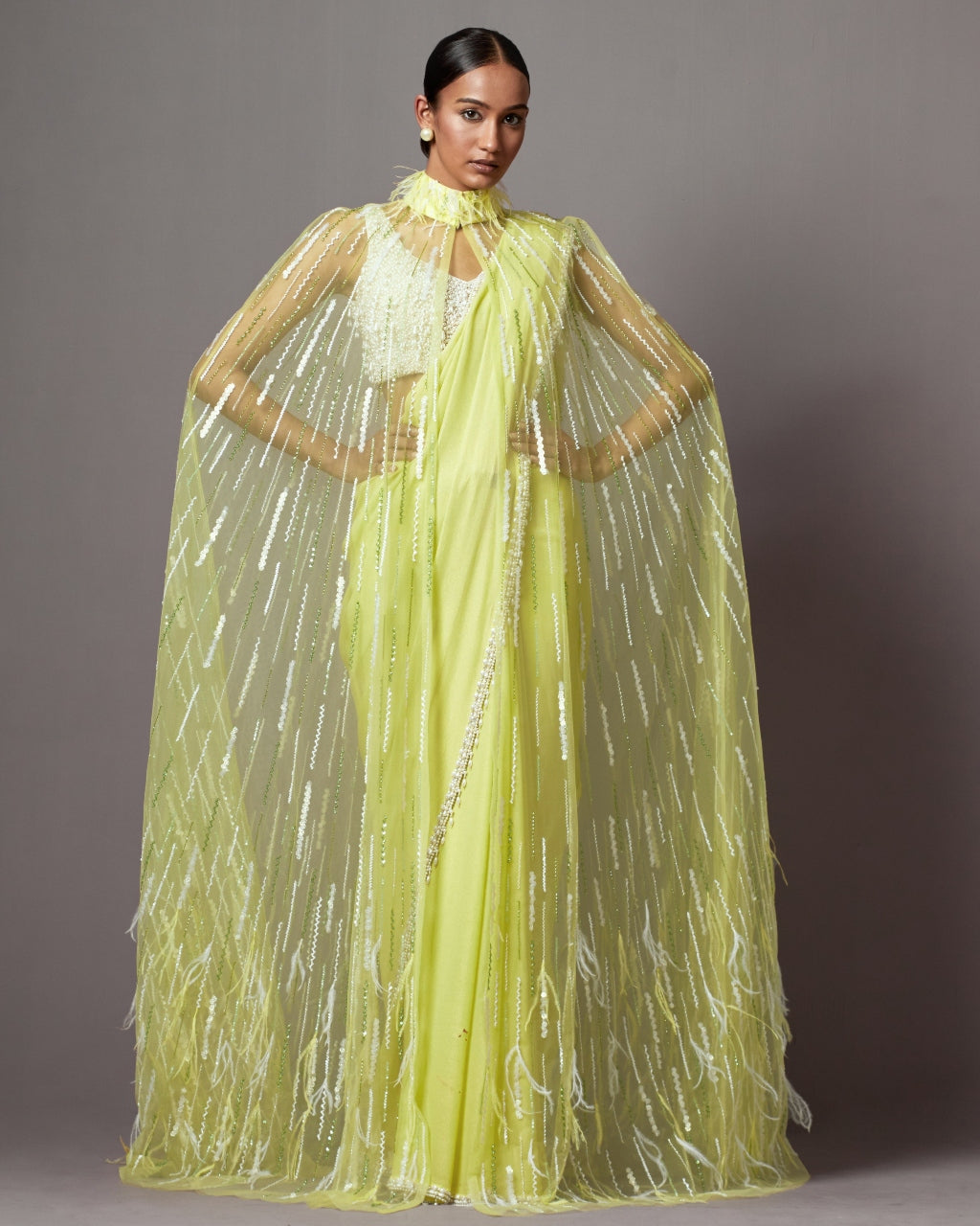 Lime Feather Cape Sari Set