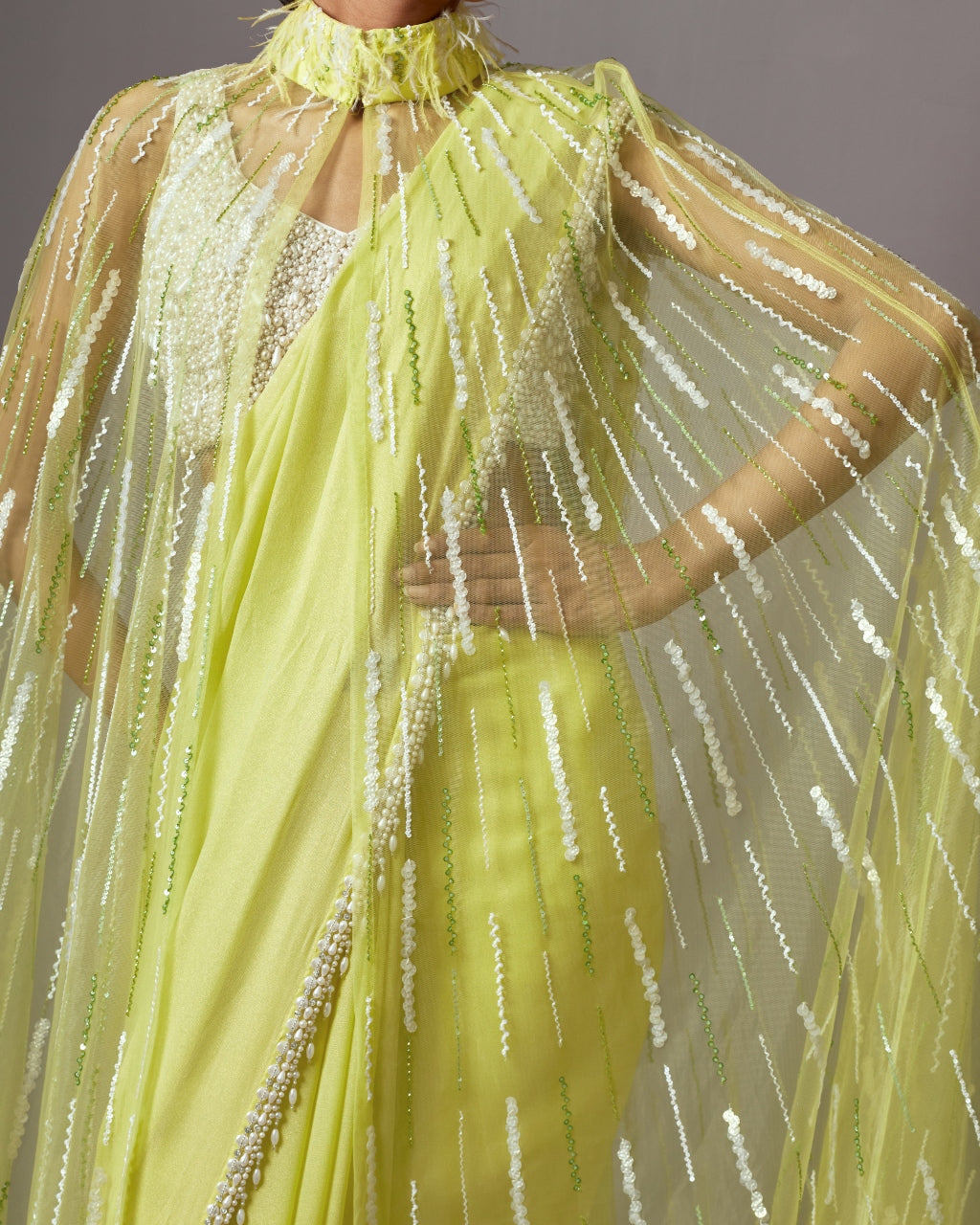 Lime Feather Cape Sari Set