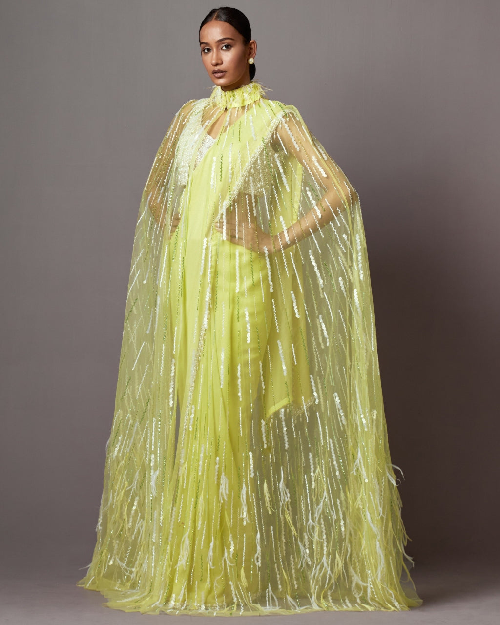 Lime Feather Cape Sari Set