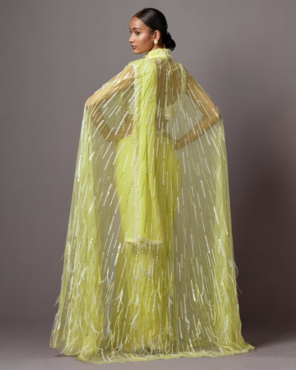 Lime Feather Cape Sari Set