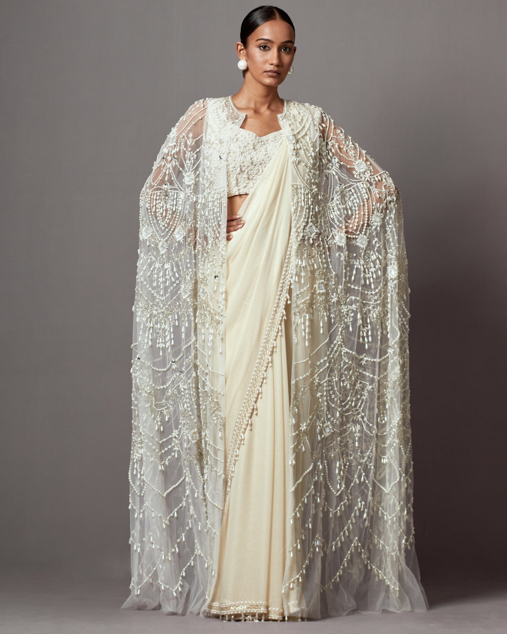 Ivory Feather Cape Sari Set