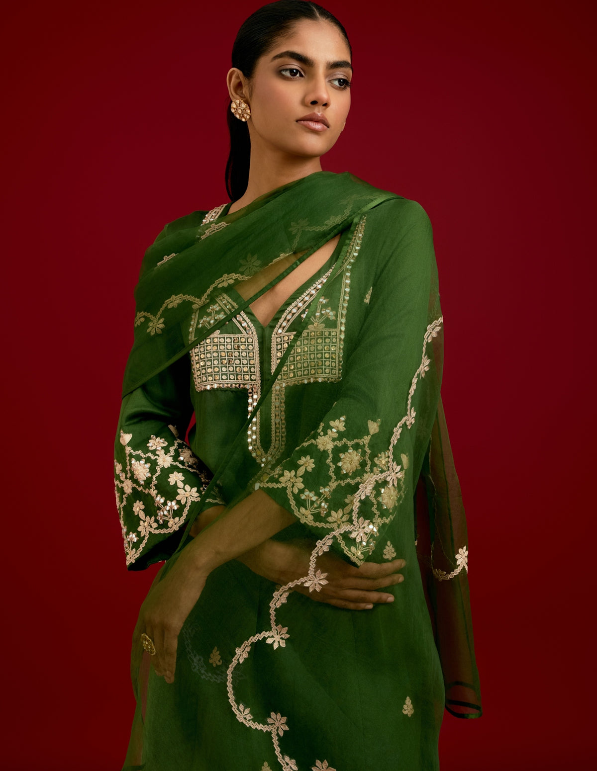 Green Cotton Silk Satin Sequins, Mirror And Dori Embroidered Kurta Set