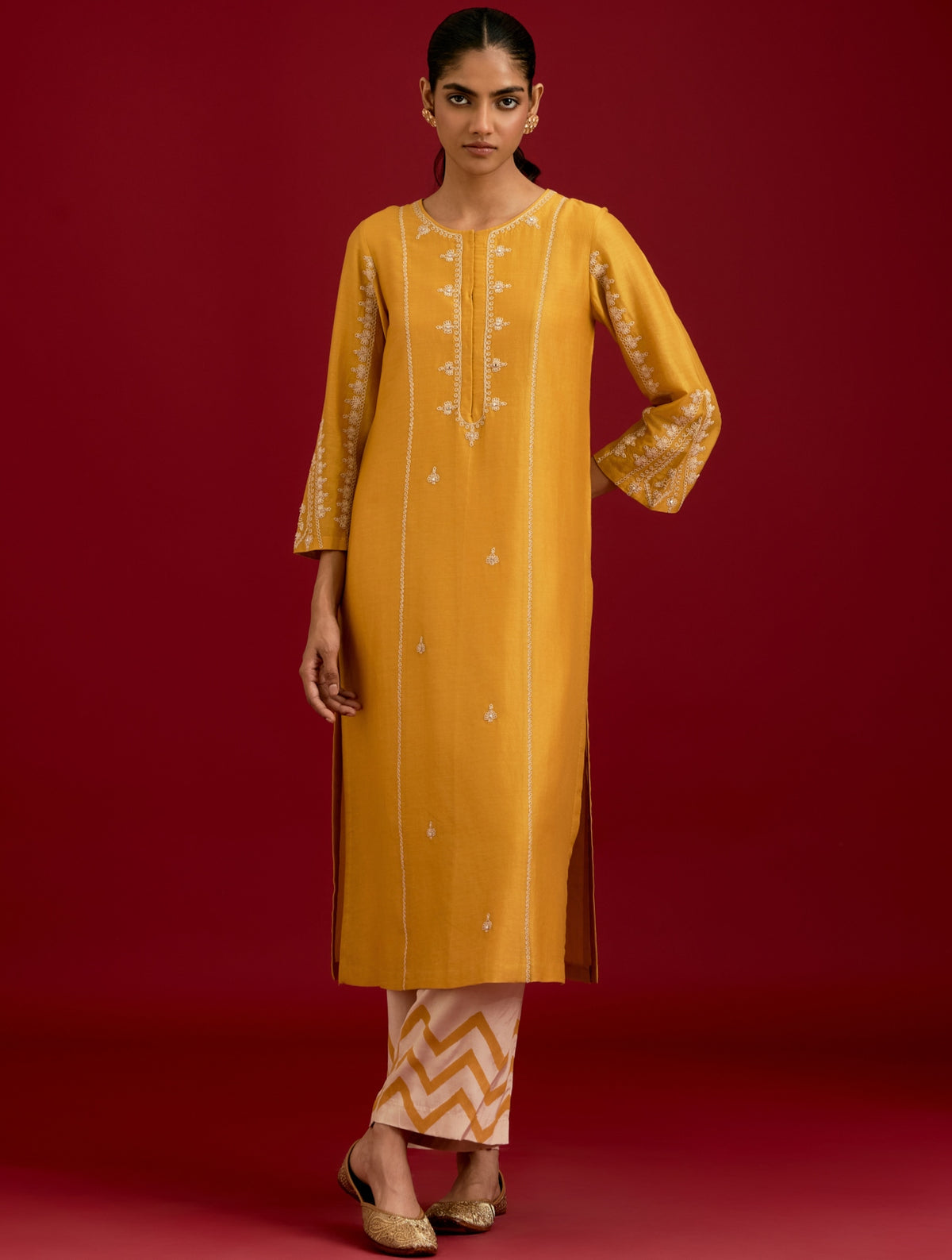 Mustard Cotton Silk Blend Chanderi Sequins, Mirror And Dori Embroidered Kurta Set