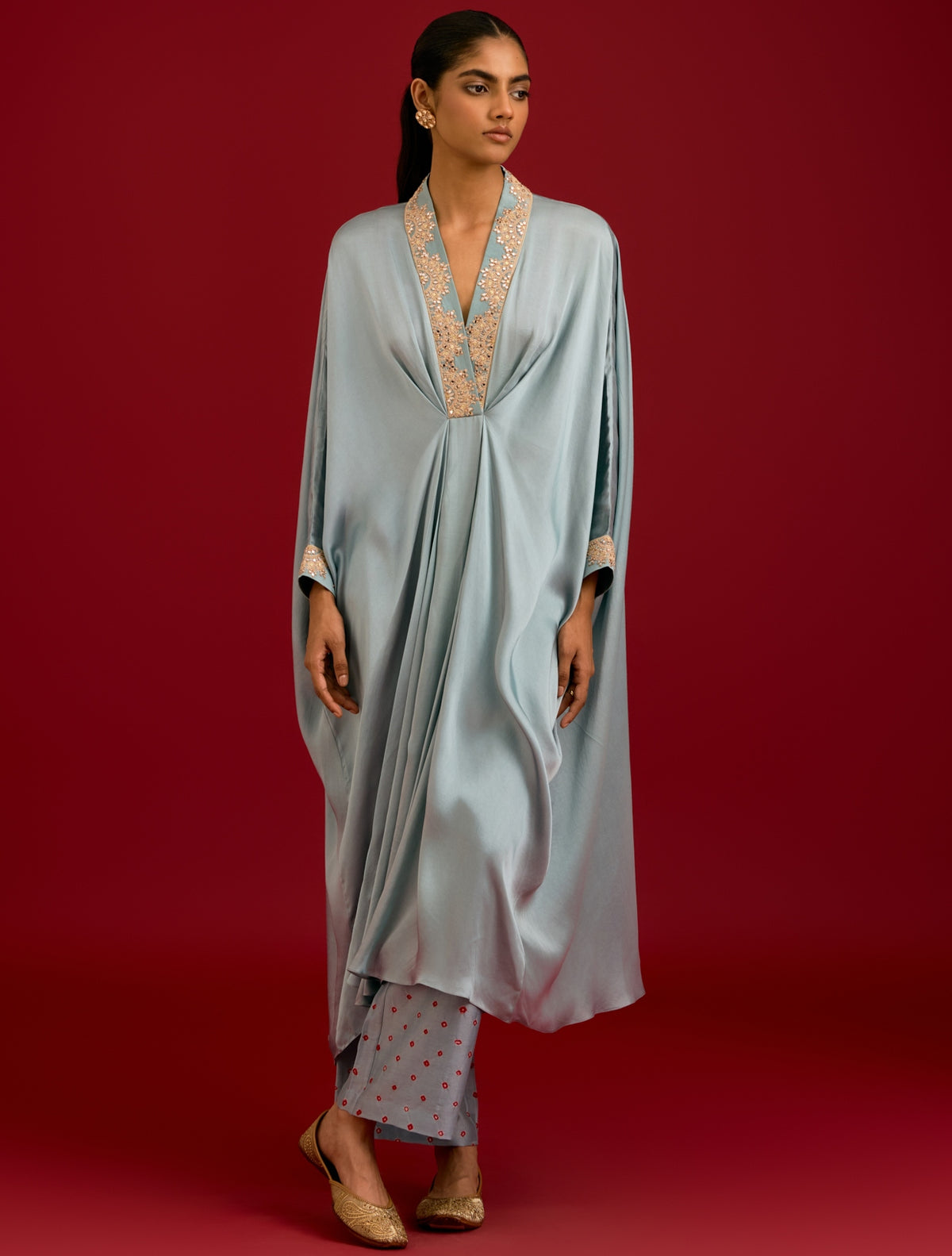 Slate Blue Modal Satin Sequins, Mirror And Dori Embroidered Kaftan Set