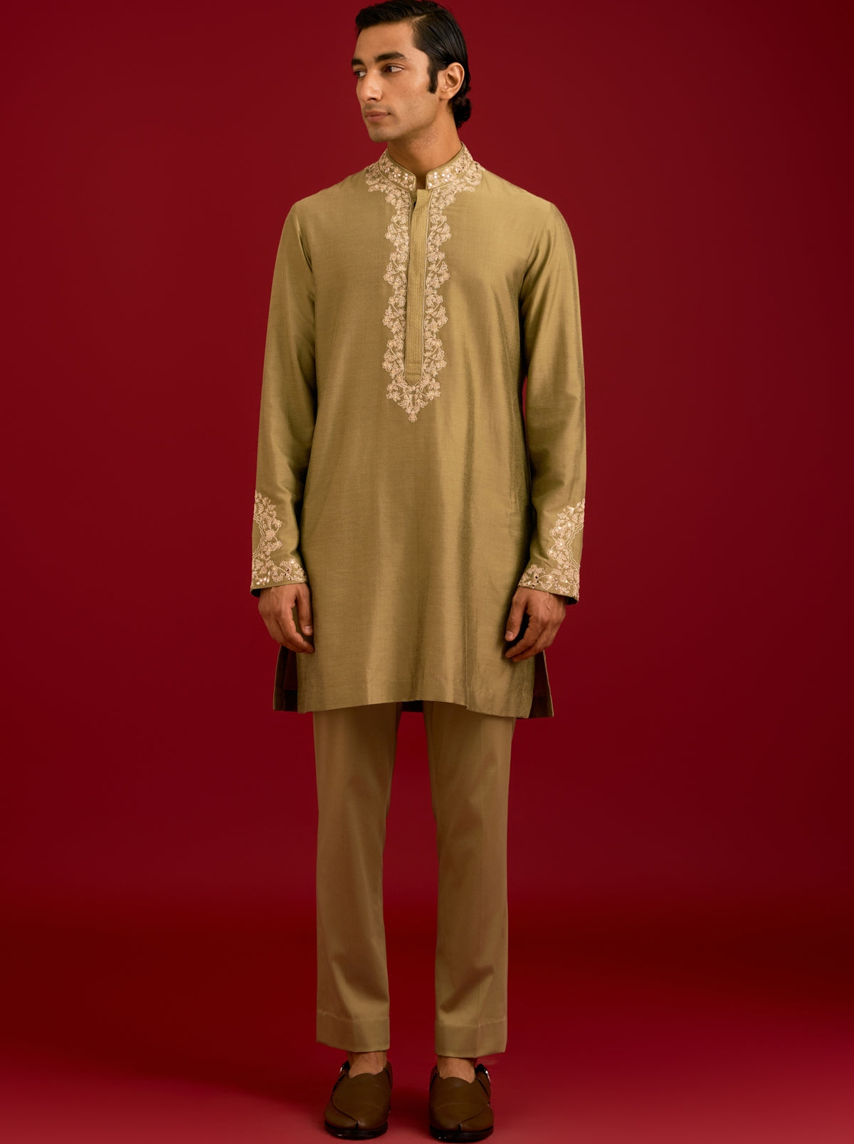 Olive Cotton Silk Blend Dori, Sequins And Mirror Kurta Set