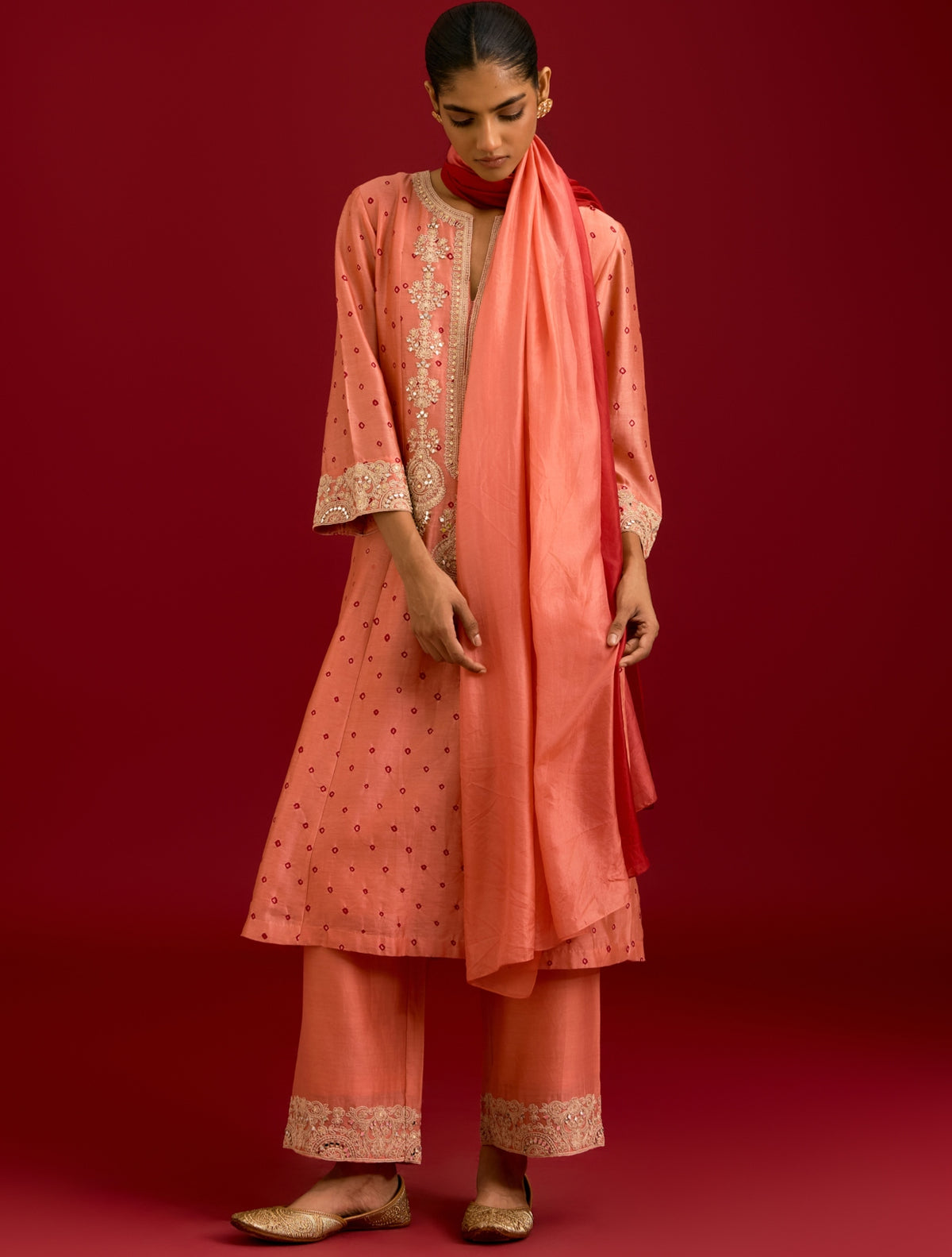 Peach Bhandhej Sequins, Mirror And Dori Embroidered Kurta Set