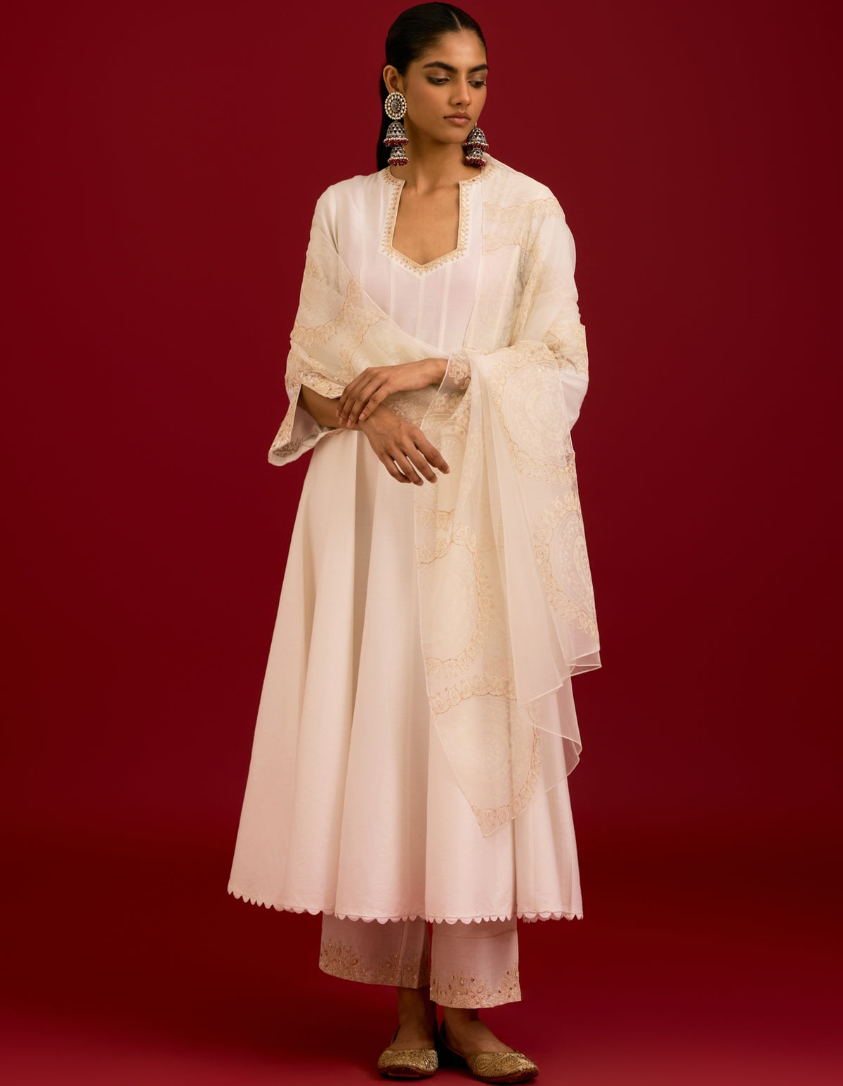 Ivory Cotton Silk Blend Sequins, Mirror And Dori Embroidered Anarkali Set