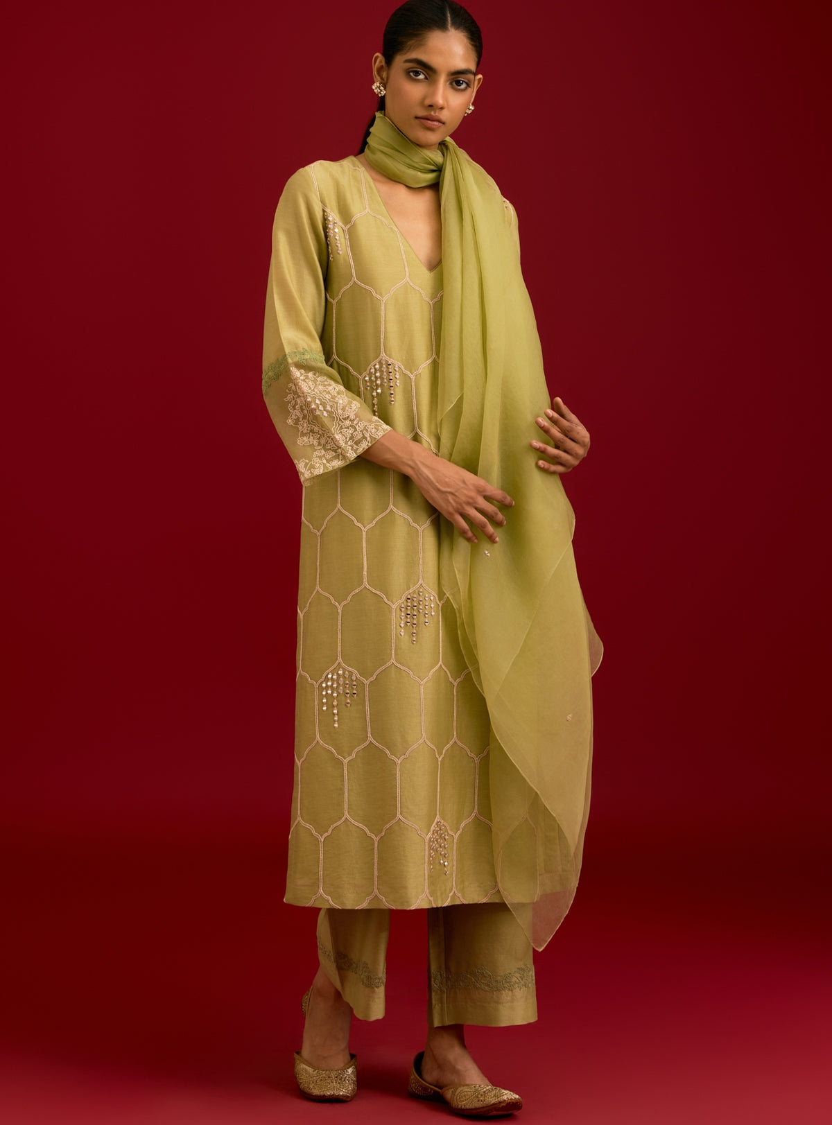 Pistachio Green Sequins, Mirror And Dori Embroidered Kurta Set