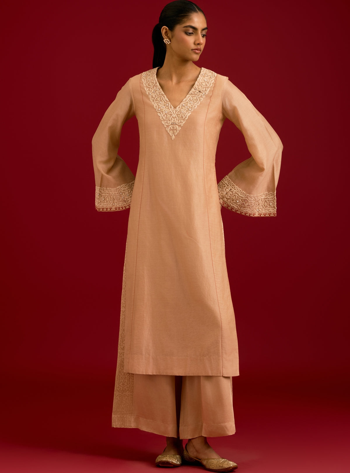 Beige Silk Chanderi Sequins, Mirror And Dori Embroidered Kurta Set