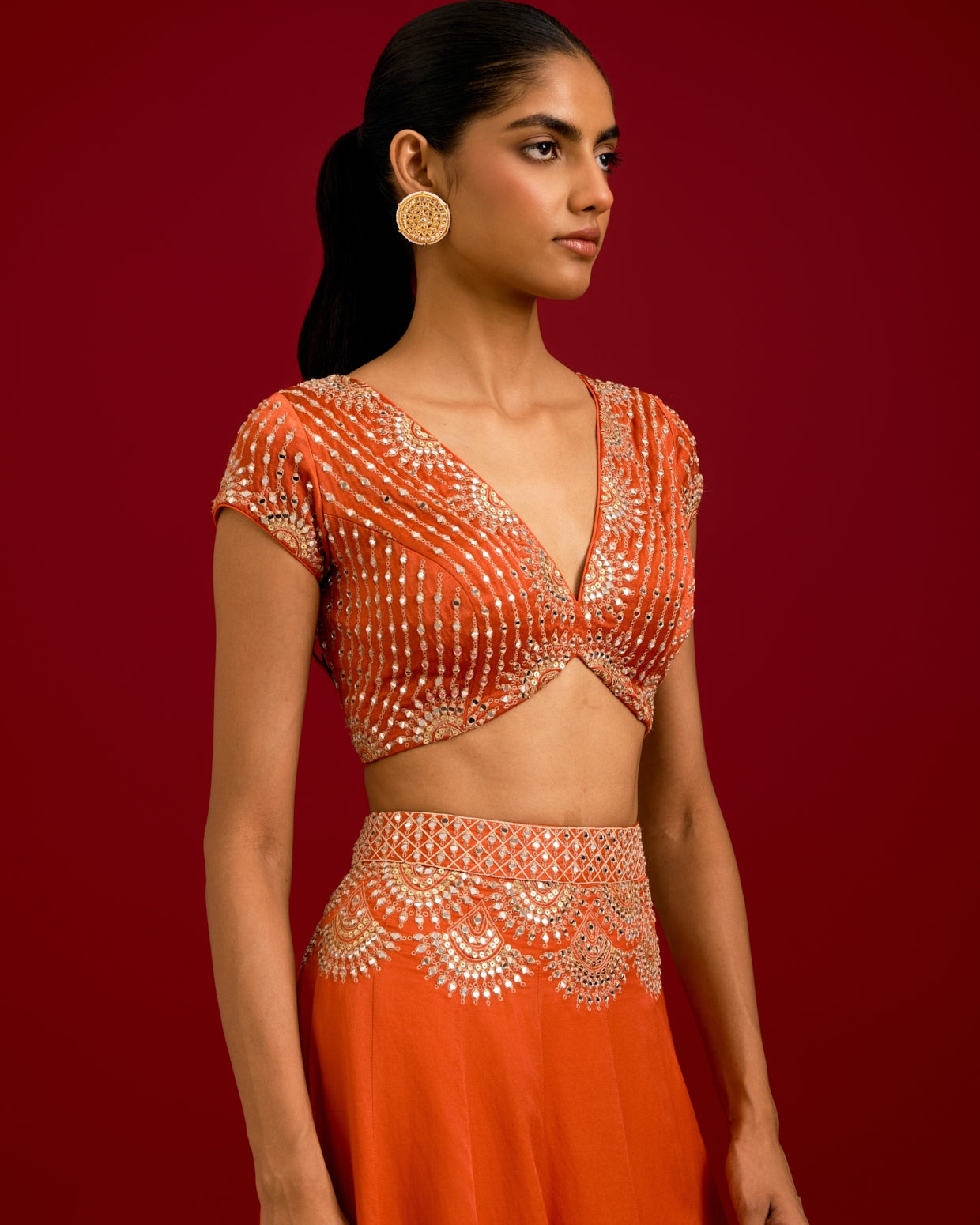 Orange Embroidered Gajji & Cotton Silk Lehenga Set
