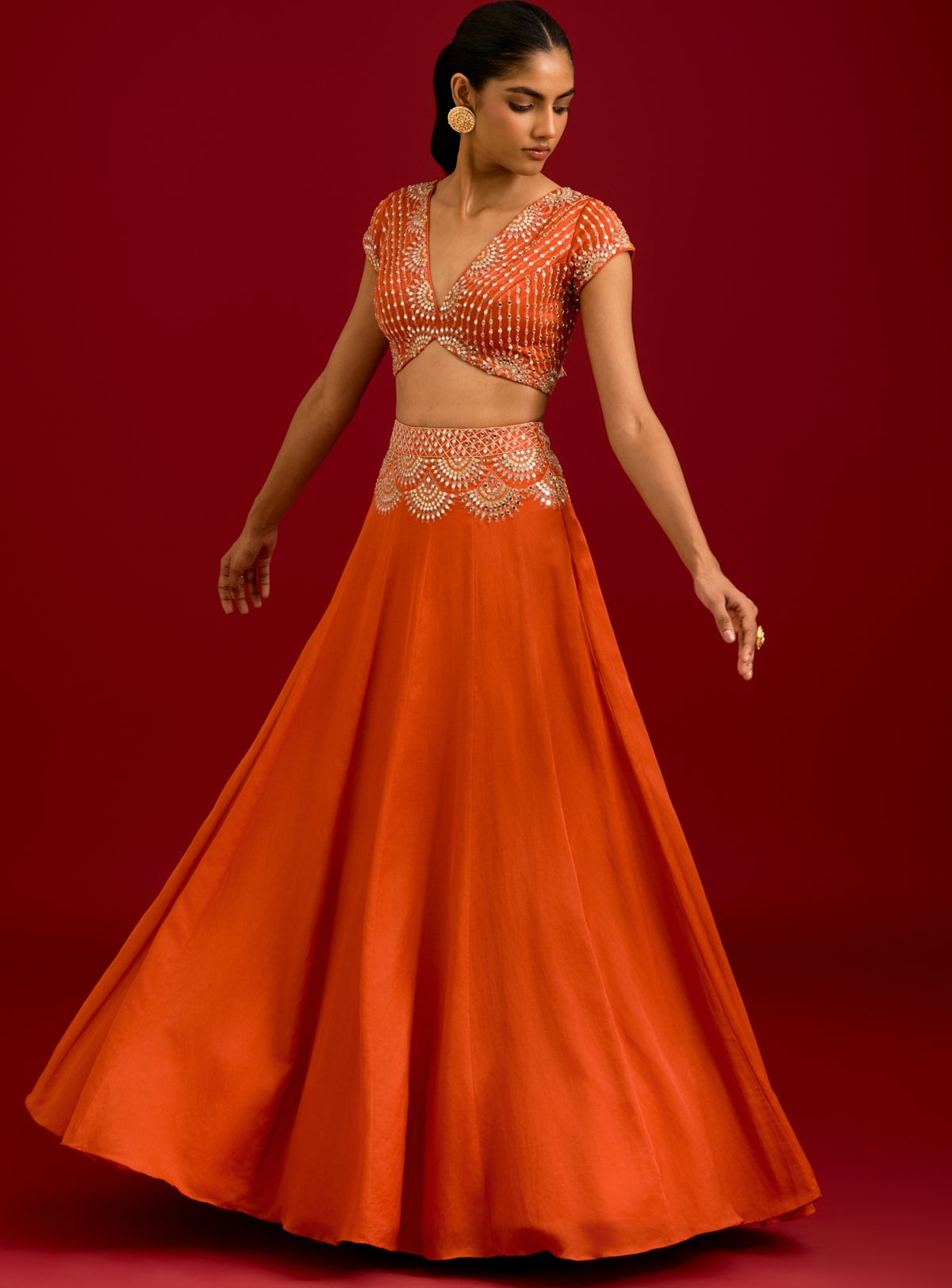 Orange Embroidered Gajji & Cotton Silk Lehenga Set