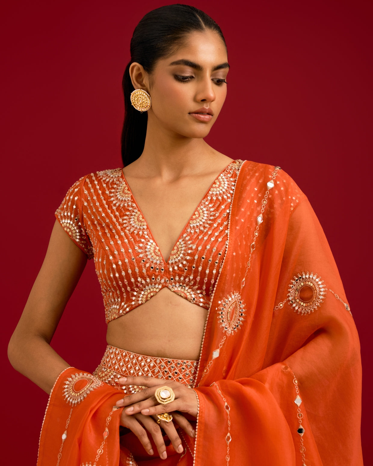 Orange Embroidered Gajji & Cotton Silk Lehenga Set