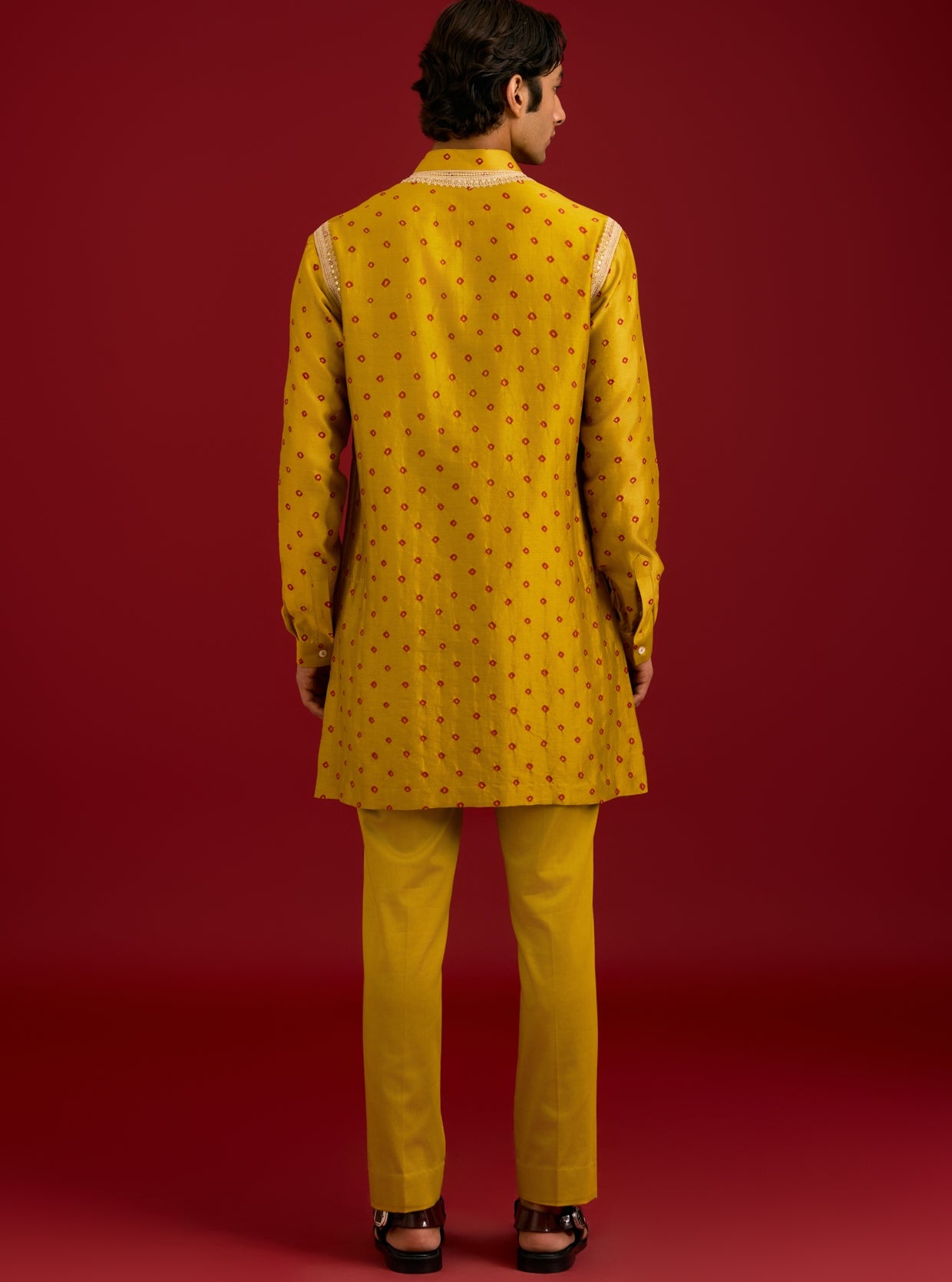 Mustard Bandhej Sequins And Dori Embroidered Kurta Set