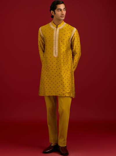 Mustard Bandhej Sequins And Dori Embroidered Kurta Set