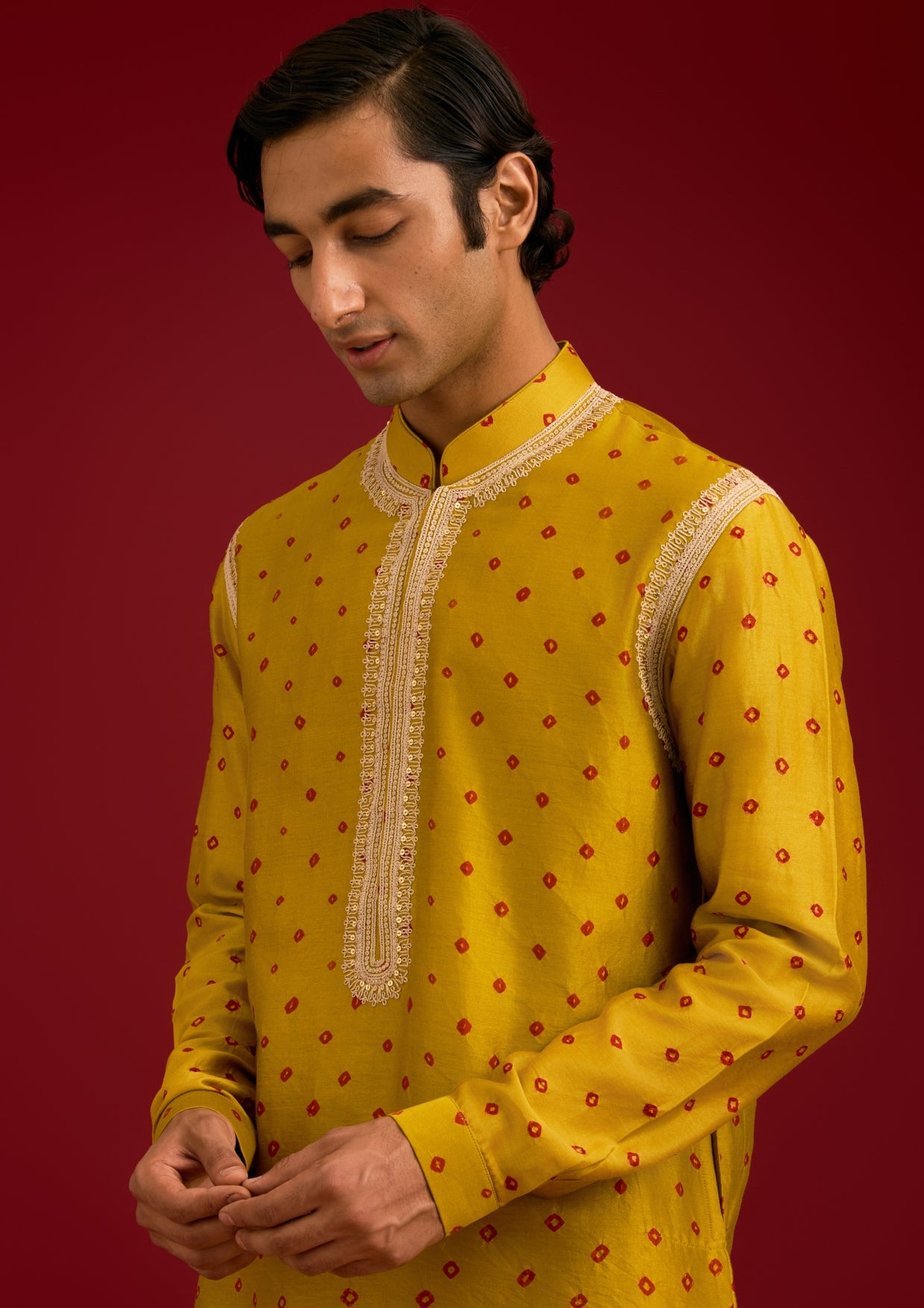 Mustard Bandhej Sequins And Dori Embroidered Kurta Set