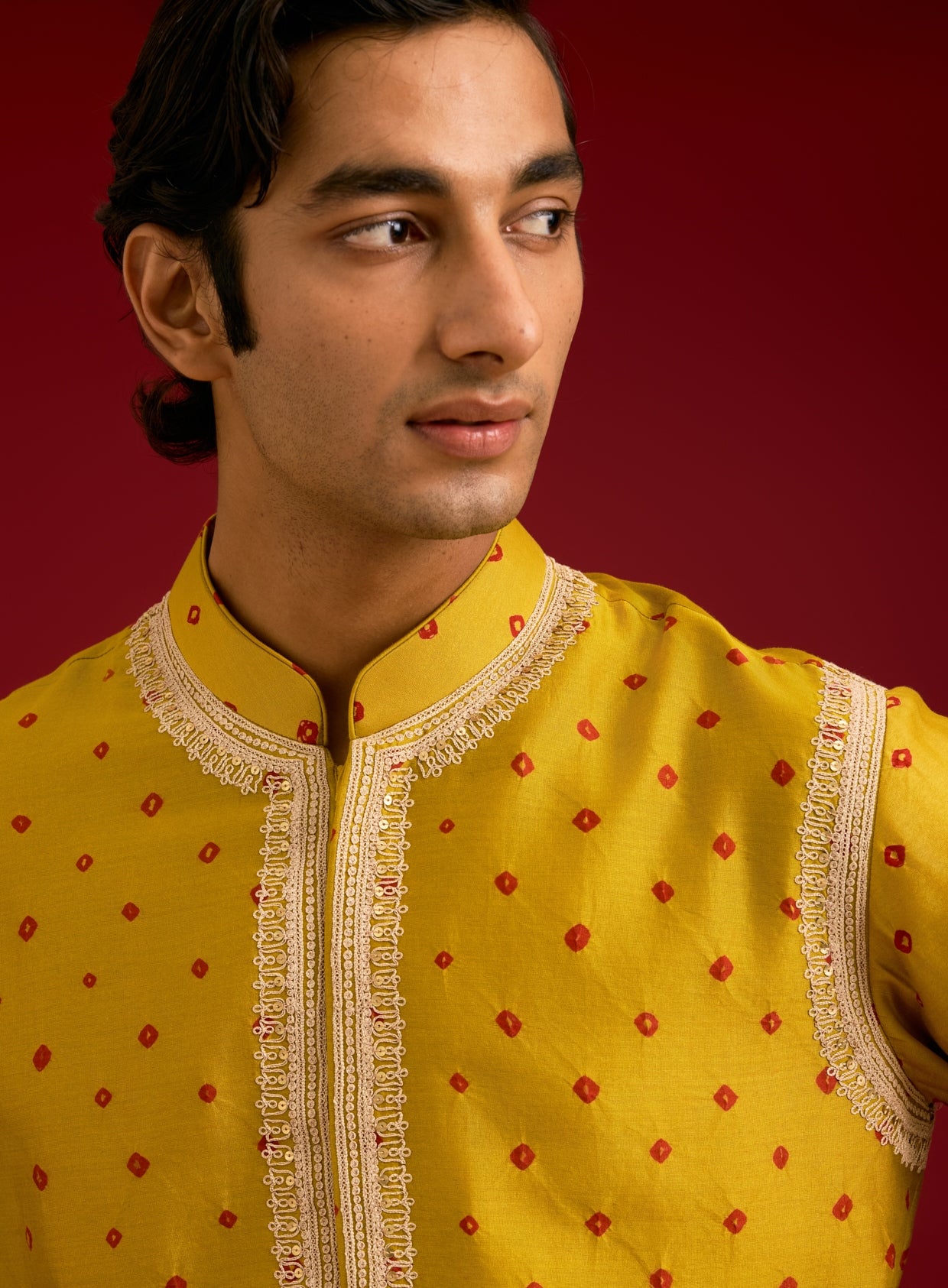 Mustard Bandhej Sequins And Dori Embroidered Kurta Set