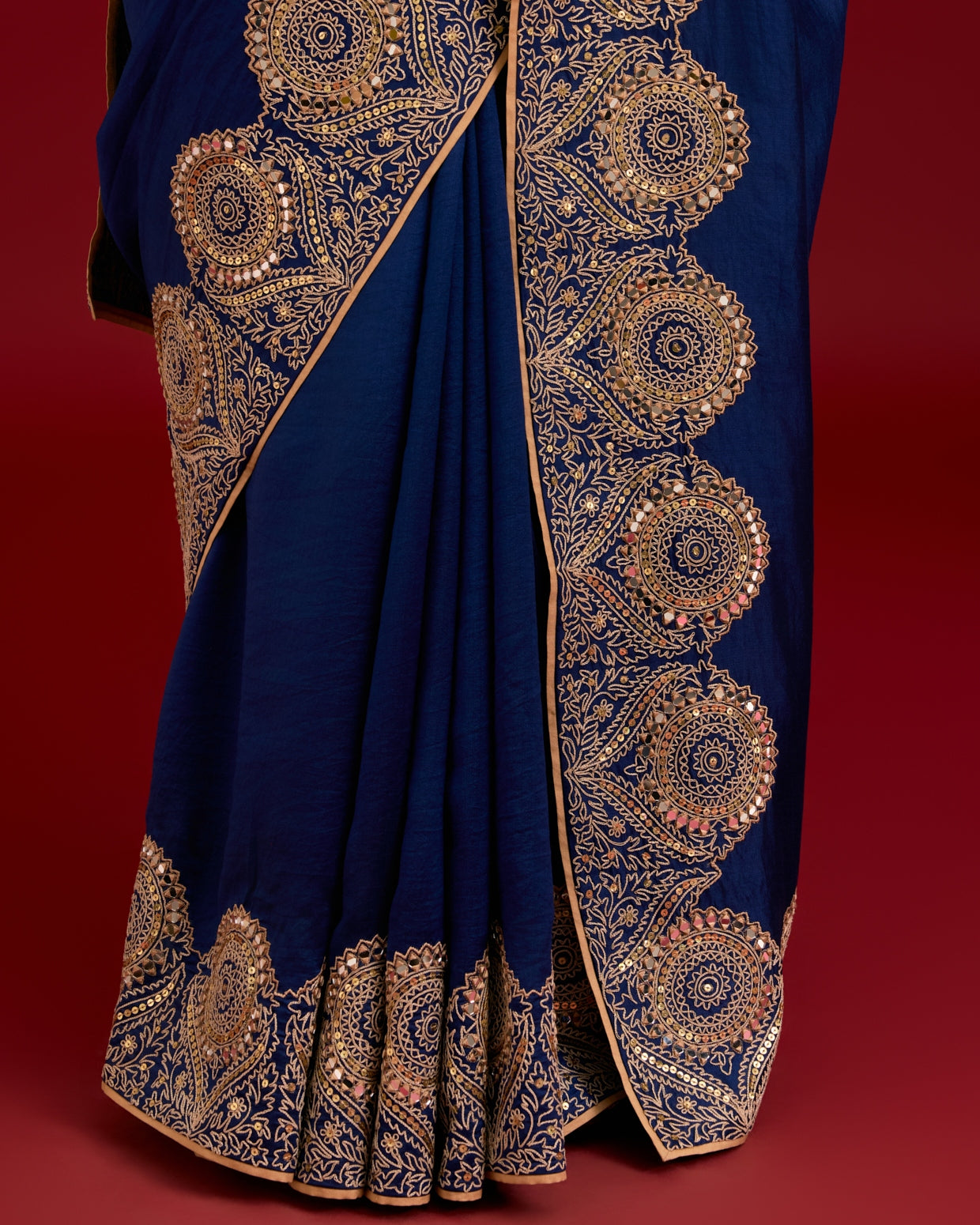 Navy Blue Embroidered Chinniya Silk Sari Set